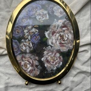 “Bloom” Floral soft pastel painting in Oval brass Frame
